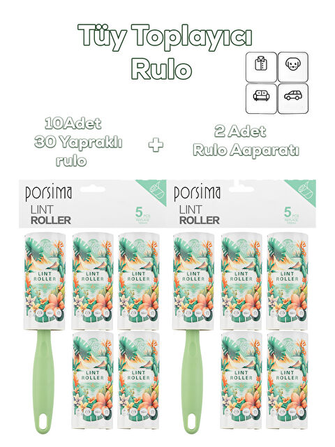 Porsima 3107 Kedi Köpek Tüy Toplayıcı Rulo 10 Adet Rulo 2Adet Tutma Aparatı Toplam 300 Yaprak Yeşil - S000385996-29488
