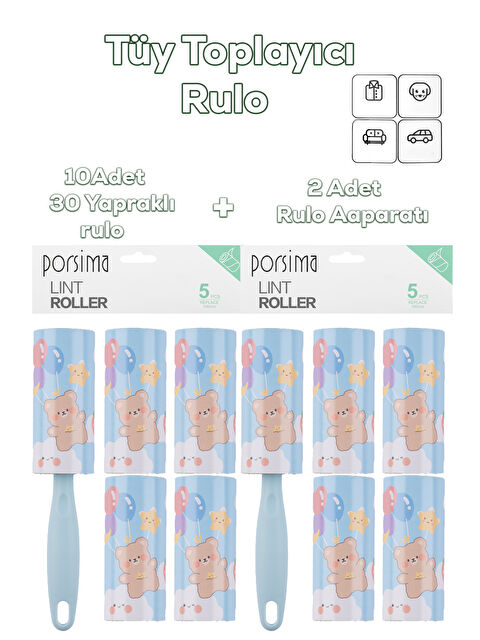 Porsima 3105 Kedi Köpek Tüy Toplayıcı Rulo 10 Adet Rulo 2 Adet Tutma Aparatı Toplam 300 Yaprak Mavi - S000385997-17437