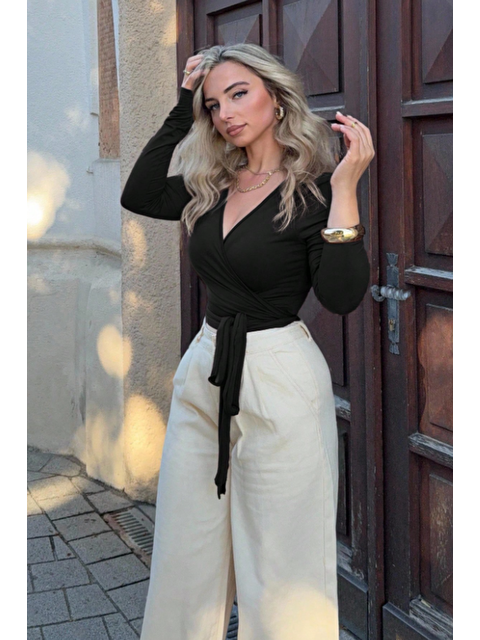 Tarz Cool Kadın Siyah Kruvaze Yaka Uzun Kollu Bağlamalı Slim Fit Bluz - S000505837-19351