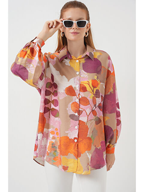 Bigdart Kadın Desenli Overize Gömlek Tunik 5971 - Turuncu - S000421884-20013