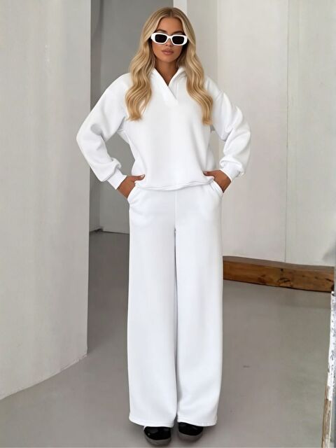 Trendseninle 3 İplik Yüksek Pamuklu Kalın Kışlık Patlı Yaka Kapüşonlu Eşofman Takım Beyaz - S000491323-20063