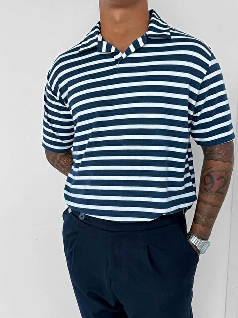 Abluka Online Erkek Polo Yaka Çizgili Rahat T-Shirt Mavi - S000236495-17234
