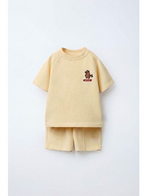 Magu Unisex Çocuk Pamuklu Açık Sarı Nakışlı T-Shirt Şort Takım