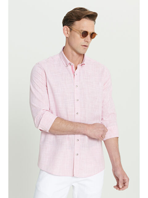 Altınyıldız Classics Erkek Bordo Slim Fit Dar Kesim Düğmeli Yaka Keten Görünümlü %100 Pamuk Flamlı Gömlek