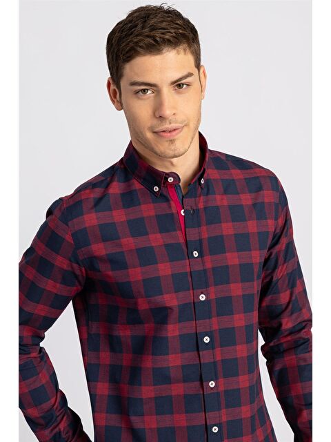 TUDORS Slim Fit Uzun Kollu Düğmeli Yaka Kareli Pamuklu Kolay Ütü Erkek Gömlek - S000486985-19951
