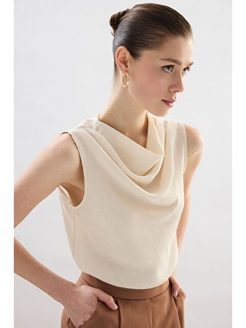 SATEEN Degaje Yaka Bluz - Taş - S000497778-25636