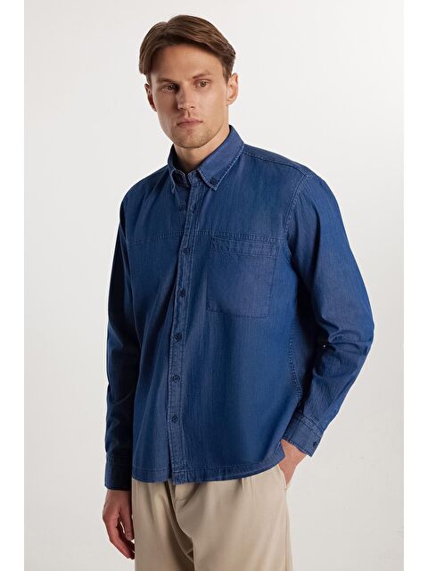 TUDORS Regular Fit Rahat Kesim Cepli Denim Düğmeli Yaka Mavi Jean Gömlek - S000486986-17234