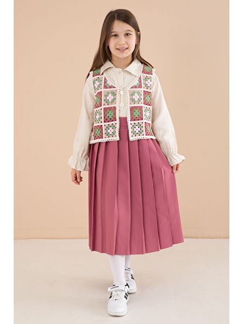 Cansın Mini Koyu Pembe Çiçek Desen Örgü Süveterli Gömlekli Kız Çocuk Etekli 3lü Takım 23584 - S000513667-20022