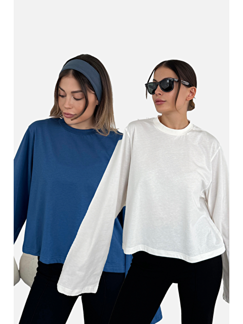 C&City Geniş Kol Oversize 2'Li Paket T-Shirt 965 İndigo/Ekru - S000421888-5377