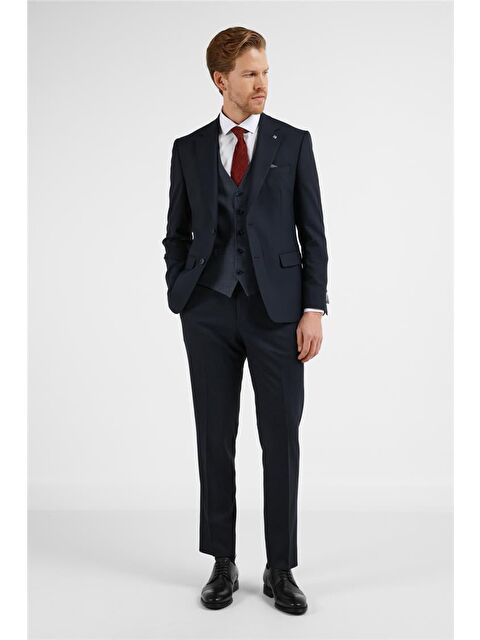 İMZA Lacivert Mono Yaka Kazayağı Desen Yelekli 6 Drop Slim Fit Takım Elbise 1001255175 - S000505316-21164