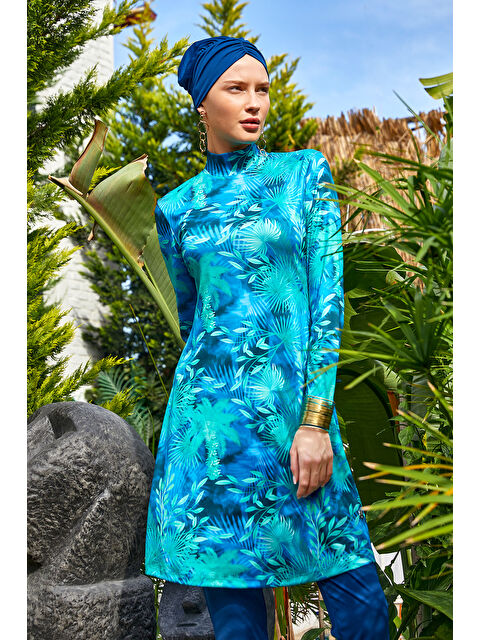 Rozamay Elastanlı Tam Kapalı Tesettür Mayo Desenli 3102 Açık Lacivert - S000365973-19459