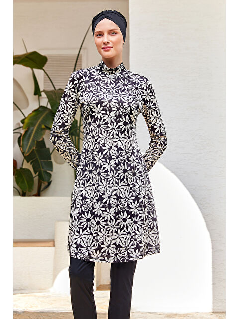 Rozamay Elastanlı Tam Kapalı Tesettür Mayo Desenli 3101 Siyah - S000365973-19351
