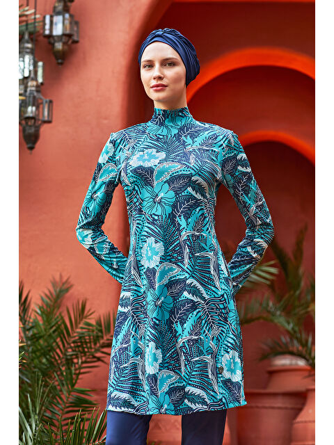 Rozamay Elastanlı Tam Kapalı Tesettür Mayo Desenli 3104 Koyu Lacivert - S000365973-29672