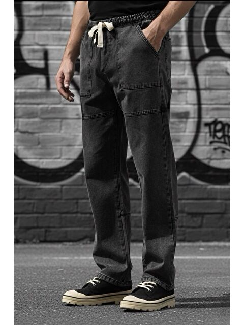 Oksit Kare Cep Beli Lastikli İpli Düz Paça Rahat Kesim Erkek Jean Pantolon - S000478485-33408