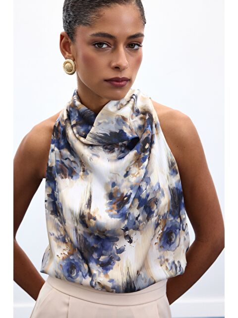 SATEEN Drapeli Halter Yaka Desenli Bluz - İndigo - S000505840-23093