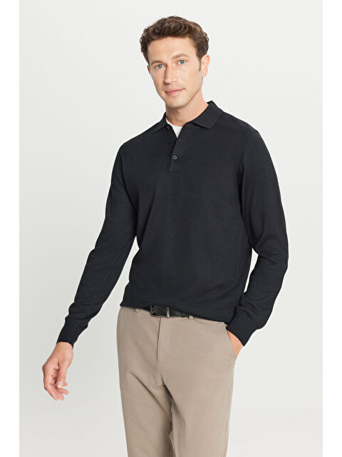 Altınyıldız Classics Erkek Siyah Yünlü Standart Fit Normal Kesim Polo Yaka Basic Triko Kazak