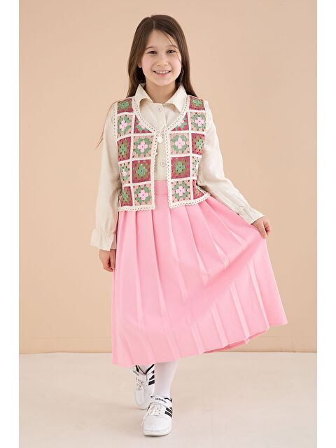 Cansın Mini Pembe Çiçek Desen Örgü Süveterli Gömlekli Kız Çocuk Etekli 3lü Takım 23581 - S000513667-20024