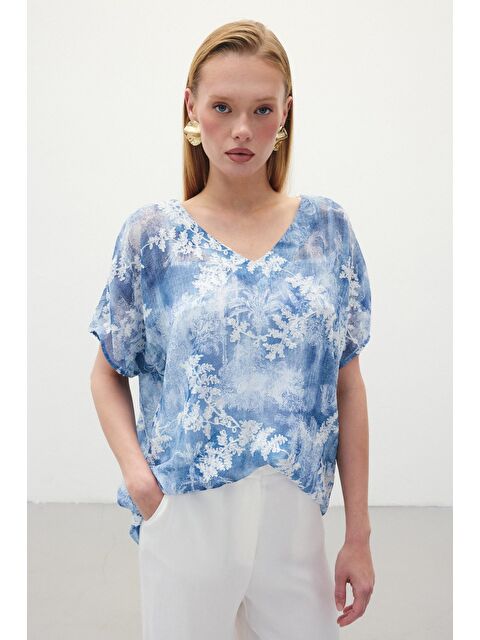 SATEEN Nakışlı Kısa Kol Bluz - İndigo - S000413706-23093