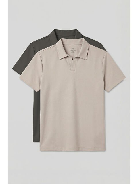 Tommylife Rahat Form Polo Yaka 2li Paket Haki-Bej Erkek T-Shirt - 88496