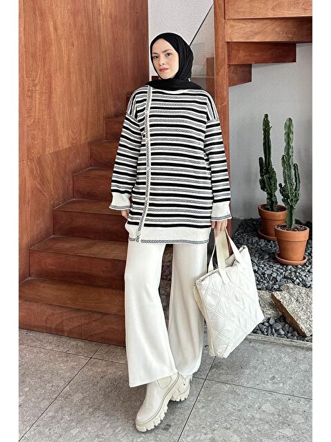Lamelif Çizgili Yan Düğme Detaylı Triko Takım Ekru - S000515286-19965