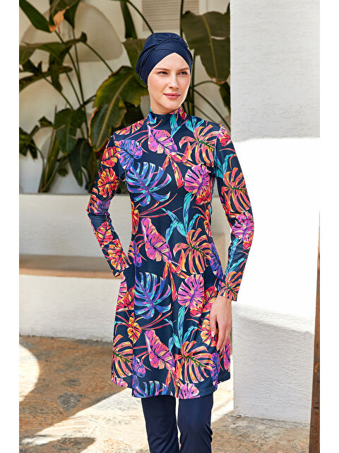 Rozamay Elastanlı Tam Kapalı Tesettür Mayo Desenli 3108 Koyu Lacivert - S000365973-37351