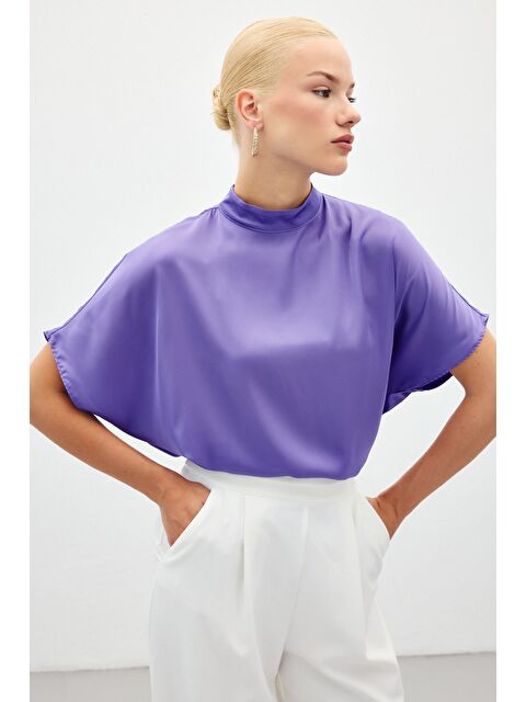 SATEEN Yarasa Kol Salaş Bluz - Lila - S000323453-17878