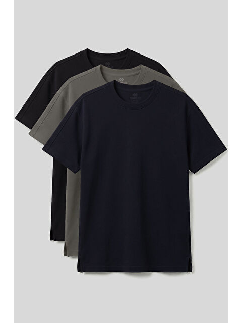 Tommylife Rahat Form O Yaka 3lü Paket Siyah-Haki-Lacivert Erkek T-Shirt - 88495