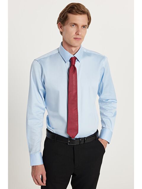 TUDORS Erkek Slim Fit  Premium Elastanlı Pamuk Saten Açık Mavi Gömlek - S000486989-17437