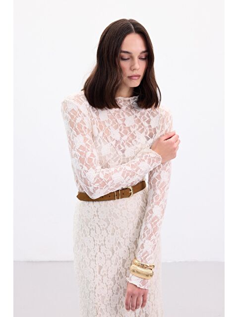 SATEEN Transparan Dantel Bluz - Bej - S000499946-19928