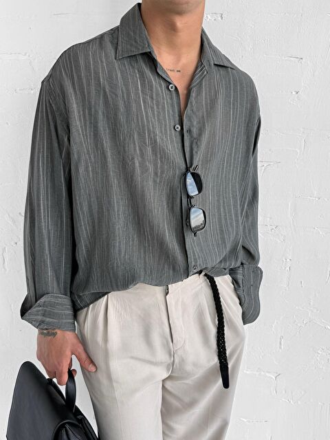 Abluka Online Erkek Dokulu Desenli Çizgili Oversize Gömlek Siyah - S000365710-19351