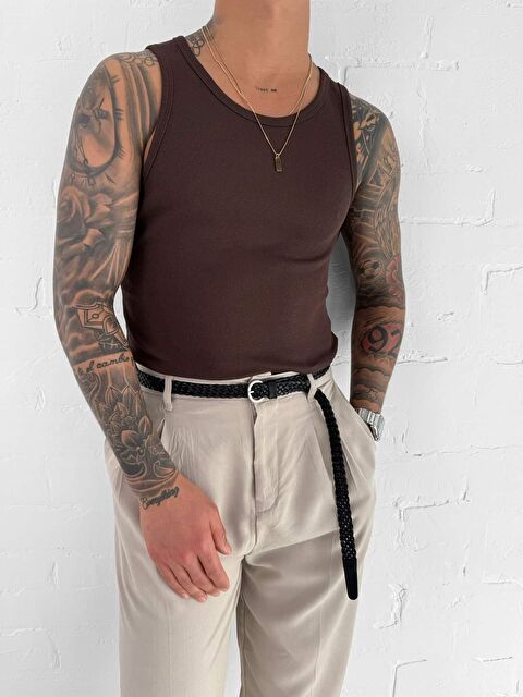 Abluka Online Erkek Fitilli Dar Kalıp Kolsuz Tişört Kahverengi - S000362436-19413