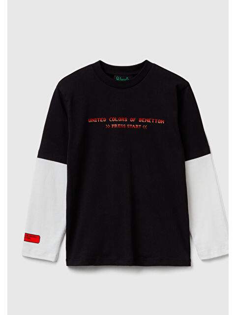 United Colors Of Benetton Erkek Çocuk Siyah %100 Pamuk Stranger Things Çift Kollu Baskılı Uzun Kollu T-Shirt - S000482053-19351