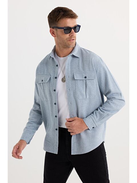 TUDORS Erkek Relax Fit Rahat Kesim Oduncu Çift Cep Düğmeli Düz Mavi Kışlık Gömlek - S000486995-17234