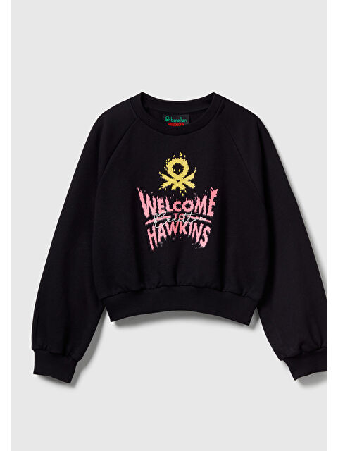 United Colors Of Benetton Kız Çocuk Siyah %100 Pamuk Kısa Kesim Stranger Things Ön Baskı Detaylı Ribanalı Sweatshirt - S000486730-19351
