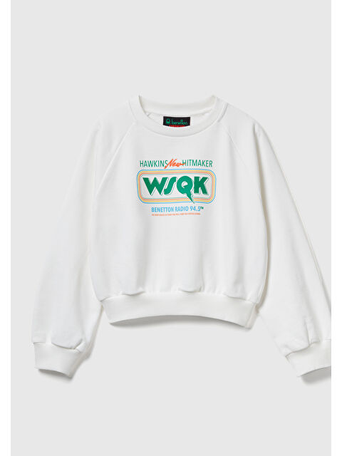 United Colors Of Benetton Kız Çocuk Krem %100 Pamuk Kısa Kesim Stranger Things Ön Baskı Detaylı Ribanalı Sweatshirt - S000486730-19966