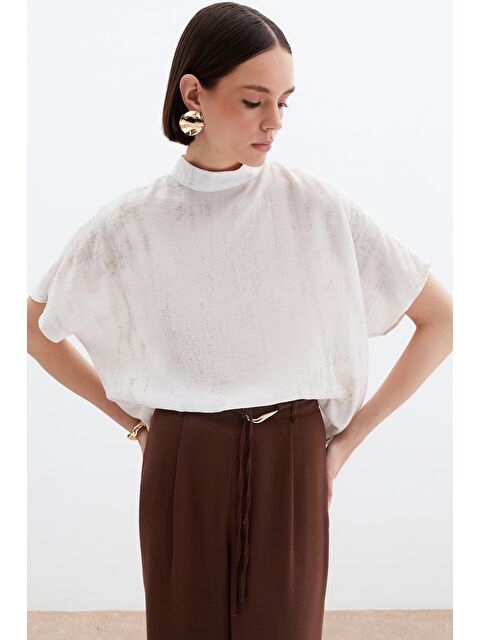 SATEEN Desenli Salaş Bluz - Taş - S000384918-25636