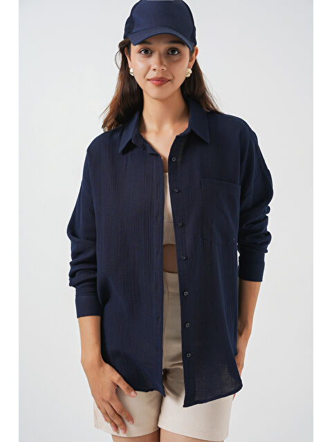 Bigdart Kadın Tek Cepli Oversize Müslin Gömlek 20353 - Lacivert - S000421873-21164