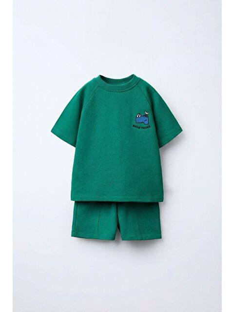 Magu Unisex Çocuk Pamuklu Yeşil Gergedan Nakışlı T-Shirt Şort Takım