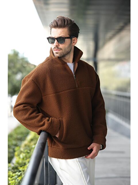 Madmext Kahverengi Yarım Fermuarlı Dik Yaka Polar Sweatshirt E7165 - S000444732-19413