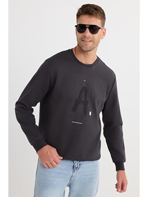 TUDORS Unisex Relax Fit Pamuklu Yumuşak Dokulu Bisiklet Yaka İçİ Polarlı Baskılı Antrasit Sweatshirt​​​​​​​ - S000494287-29666