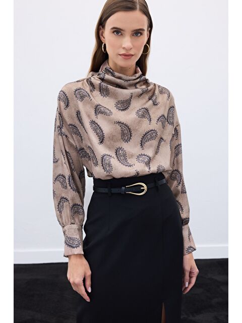 SATEEN Degaje Yaka Desenli Bluz - Vizon - S000488076-26429