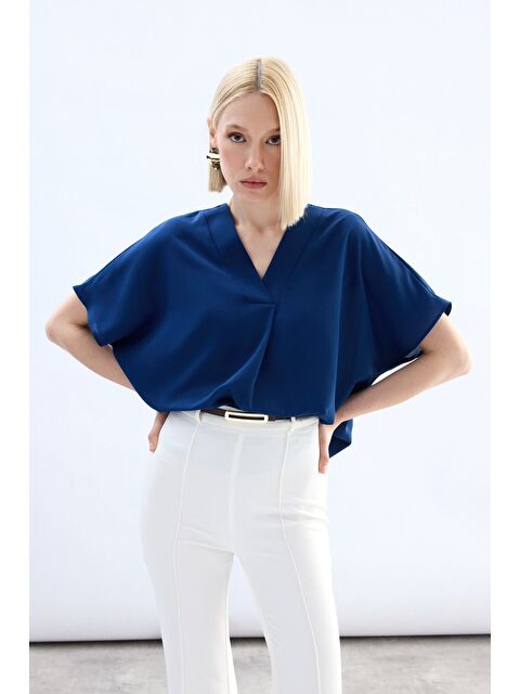 SATEEN Geniş Kısa Kollu Bluz - İndigo - S000497779-23093