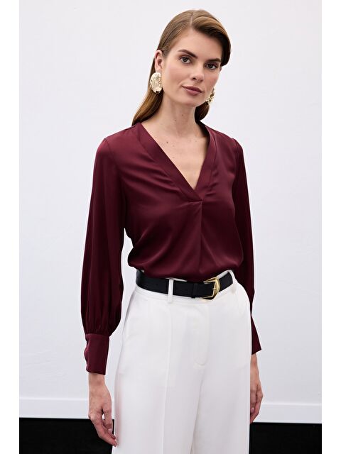 SATEEN V Yaka Saten Bluz - Bordo
