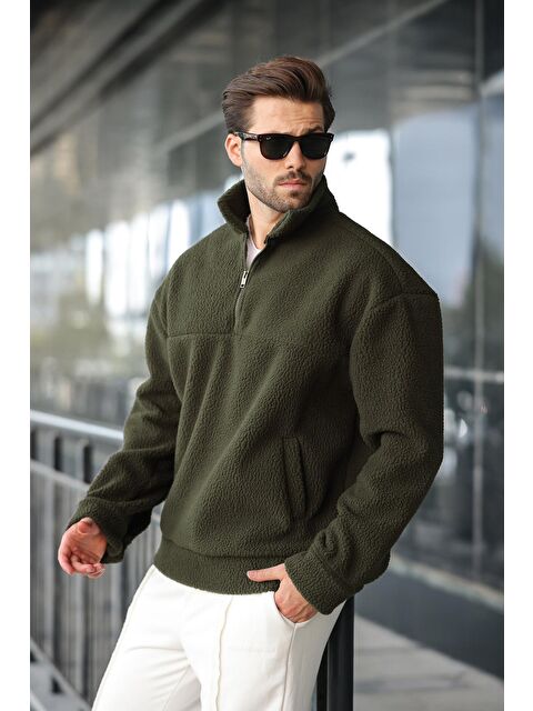 Madmext Haki Yarım Fermuarlı Dik Yaka Polar Sweatshirt E7165 - S000444732-18547