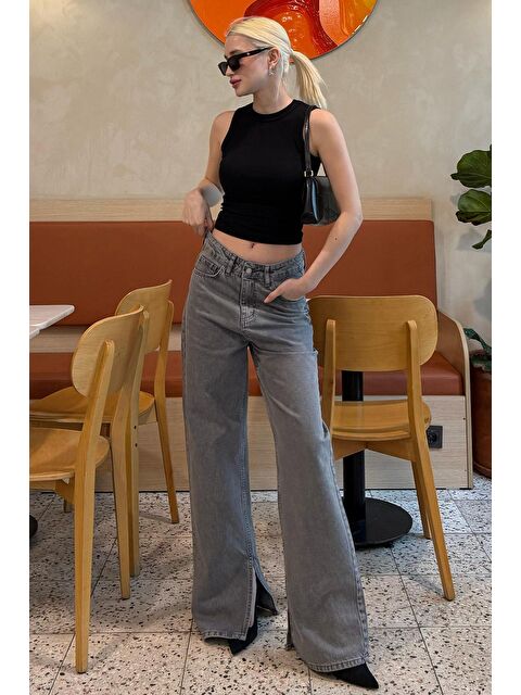 Madmext Gri Yüksek Bel Paçası Yırtmaçlı Kadın Jean Mg1384 - S000029447-20600