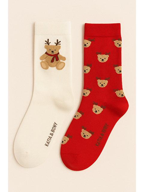 Katia And Bony Kadın 2'Li Teddy Desenli Yılbaşı Temalı Soket Çorap Ekru Mix - S000462902-19965
