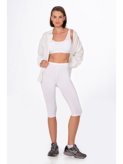 Kompedan Kadın Elastanlı Süprem Düz Kapri Tayt | Beyaz K0458 - S000473138-20063