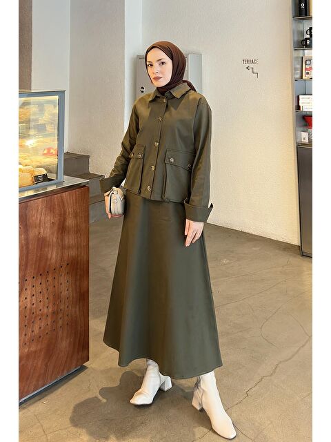 Lamelif Cep Detaylı İkili Etek Tesettür Takım Koyu Yeşil - S000515296-19416