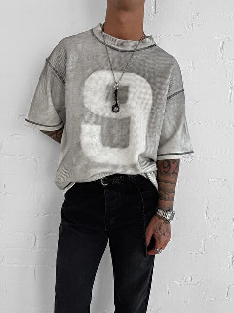 Abluka Online Erkek Dikiş Detaylı Waffle Kumaş Oversize Tişört Beyaz - S000362437-20063