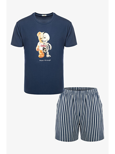 Koza İç Giyim Erkek Pamuklu Mavi Baskılı Cepli Şort Pijama Takımı - S000355047-37368